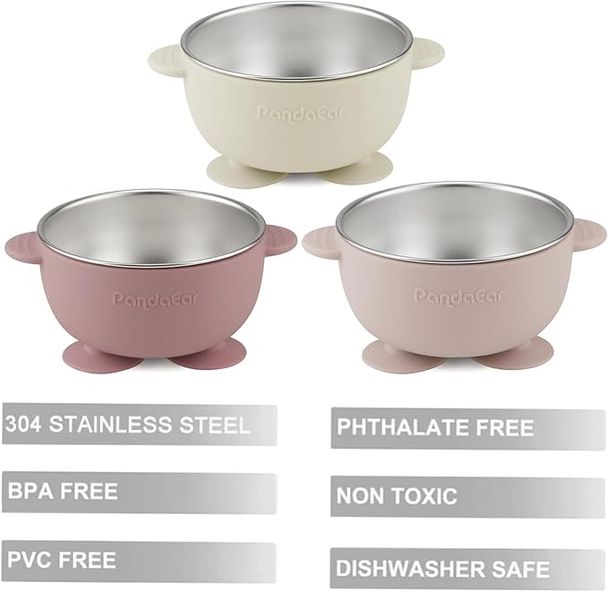 PandaEar 3 Pack Stainless Steel Baby Suction Bowls, Non-Slip Child Food Bowl with Silicone Sleeve for Kids Toddlers Infants, Unbreakable & Mess Free (Pink)