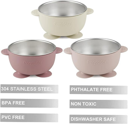 PandaEar 3 Pack Stainless Steel Baby Suction Bowls, Non-Slip Child Food Bowl with Silicone Sleeve for Kids Toddlers Infants, Unbreakable & Mess Free (Pink)