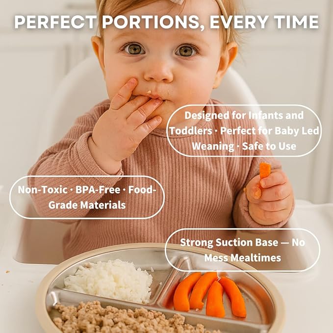 Karefree Children’s Minimalist Stainless Steel Suction Plate with Lid – 3-Section, BPA-Free, Food Grade Silicone, Easy Clean, Perfect for Toddlers & Baby Led Weaning (2, Blush Pink and Beige)