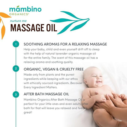 Mambino Organics Massage Baby Oil – Organic, Nourishing with Egyptian Calendula, Chamomile & Lavender – Gentle for After-Bath Relaxing – Cruelty-Free Baby Oils for Baby & Kids, 5 fl oz