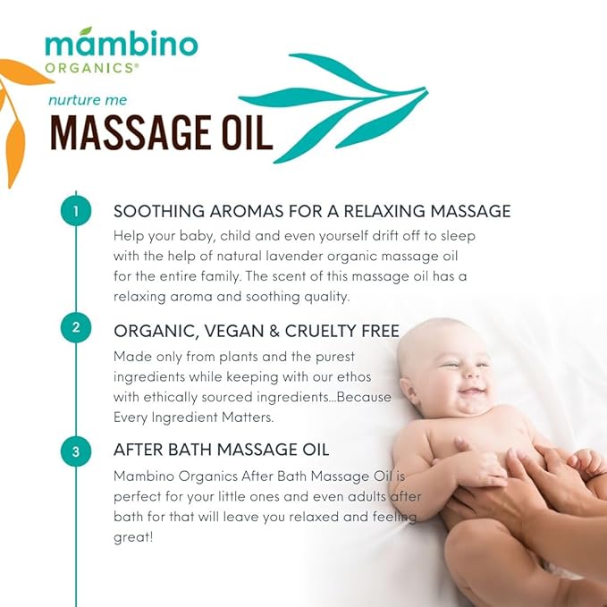 Mambino Organics Massage Baby Oil, Body Oil for After Shower, Egyptian Calendula, Chamomile & Lavender Infused, Gentle for Baby & Kids, 5 fl oz, 3-Pack