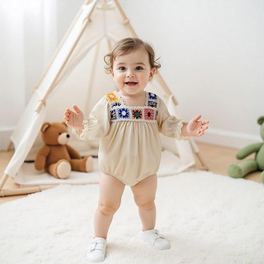 Baby Girl Romper Fall Clothes Ruffle Sleeveless Onesie Crochet Floral Bubble Romper Infant Bodysuit Boho Outfit