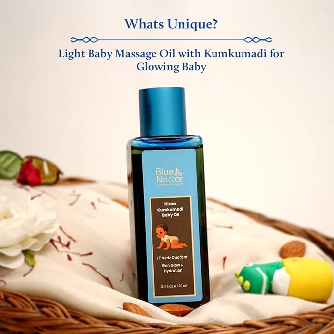 Blue Nectar Baby Oil with Pure Kumkumadi Oil for Glow & Hydration | Ayurvedic Baby Massage Oil for New Born | 100% Natural & Safe Baby Product for Delicate Skin (17 Herbs, 3.38 Fl Oz)