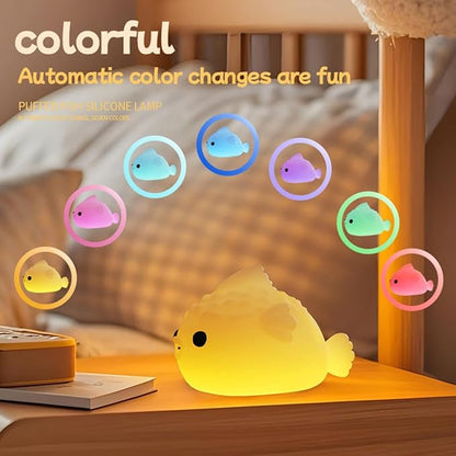 White Pufferfish Night Light - Silicone Touch Sensor Lamp for Nursery, 3 Adjustable Brightness, USB-C Rechargeable Baby-Safe Bedside Light, Modern Kids Room Decor & Toddler Sleep Aid