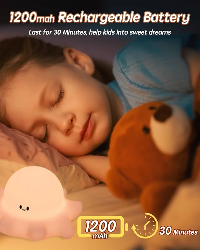 Cute Octopus Rechargeable Silicone Night Light for Kids, Dimmable Touch Control Nightlight with Timer, Portable USB Baby Night Lamp for Nursery, Bedroom
