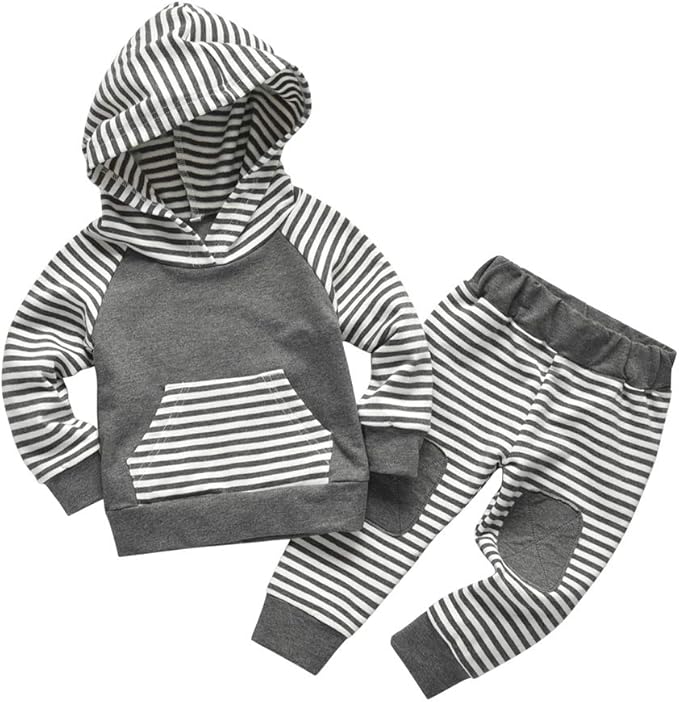 Toddler Infant Baby Boy Clothes Striped Long Sleeve Hoodie Tops Sweatsuit Pants Outfit Set