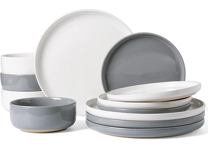 Famiware Milkyway Plates and Bowls Sets, 12 Pieces Stoneware Dinnerware Sets, Dishes Set for 4, White & Dark Gray