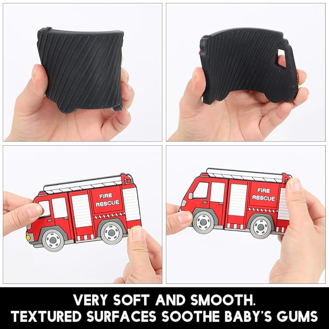 Baby Silicone Teether,Sensory Chew Toys,BPA Free Soft and Effective Infant Teething Pain Relief Toys,Freezer Safe,Food Grade Silicone,Best Shower Gift for Boys and Girls (Fire Trcuk).