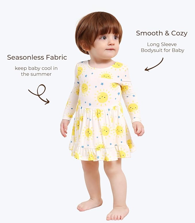 Baby Girl Bodysuit Dress Long Sleeve Twirl Dresses Bamboo Viscose Clothes with Snaps for Easy Diaper Changes