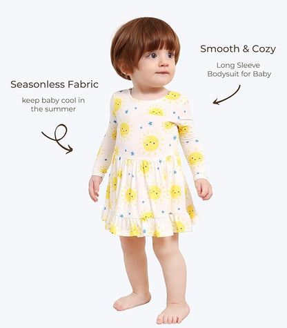 Baby Girl Bodysuit Dress Long Sleeve Twirl Dresses Bamboo Viscose Clothes with Snaps for Easy Diaper Changes
