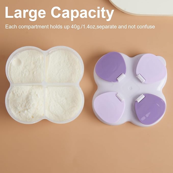 Formula Dispenser No-Spill with Four Compartment, Infant Milk Powder Dispenser Portable On The Go, Kids Snack Formula Containers for Travel Hold Outdoor, Violet
