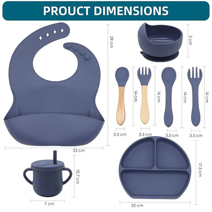 100% Silicone Baby Feeding Set, BPA Free Baby Dishes with Suction Bowl, Divided Plate, Toddler Self Feeding Dish Set with Spoons, Forks, Sippy Cup and Bib, Baby Eating Utensils (Navy Blue)