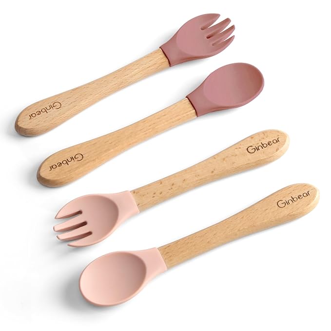 Ginbear Silicone Baby Spoons and Forks Self-feeding 12-18 Months, Soft-Tip Baby Flatware Sets for Girl, Toddler Feeding Utensils for Child, 4 Piece Set (Mauve/Pink)