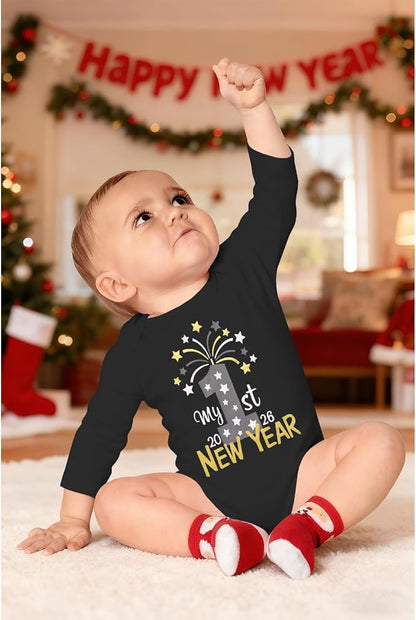My First New Years Baby Boy Girl Outfit Newborn Long Sleeve Romper Infant Onesie Firework Print Bodysuit Clothes