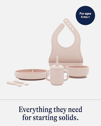 Lalo First Bites Silicone Baby Feeding Set - Baby Led Weaning Supplies - Non-Toxic Silicone - Includes 1 Bib, 2 Spoons, Training Cup, Suction Plate and Bowl - 6 Pieces - Grapefruit