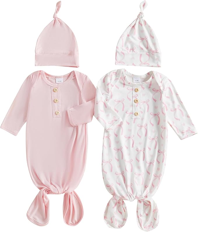 Merqwadd Baby Sleeper Gown Boy Girl 2-Pack Knotted Gown Newborn Nightgown with Hat Set Infant Sleepwear Pajamas
