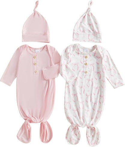 Merqwadd Baby Sleeper Gown Boy Girl 2-Pack Knotted Gown Newborn Nightgown with Hat Set Infant Sleepwear Pajamas