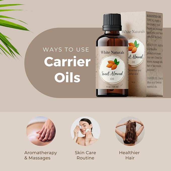 Sweet Almond Oil for Hair and Skin, 100% Pure and Natural Cold Pressed, Hexane Free, Skin Moisturizer, Nails, Massage, Carrier Oil