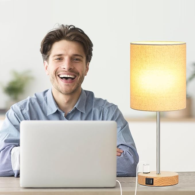 Lynnoland Set of 2 Touch Wood Table Lamps, Bedroom Lamps with 2 USB AC Outlet, 3-Way Dimmable Bedside Nightstand Lamps for Bedroom Living Room Nursery, 800 Lumens 2700K Bulbs Included