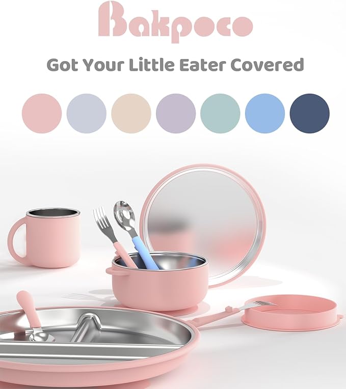 8" Stainless Steel Baby Suction Plate, Toddler Plates with Removable Silicone Sleeves, Non Toxic Unbreakable Led Weaning Supplies Kids Snack Dishes Set of 4, Sage Blue Gray Blush