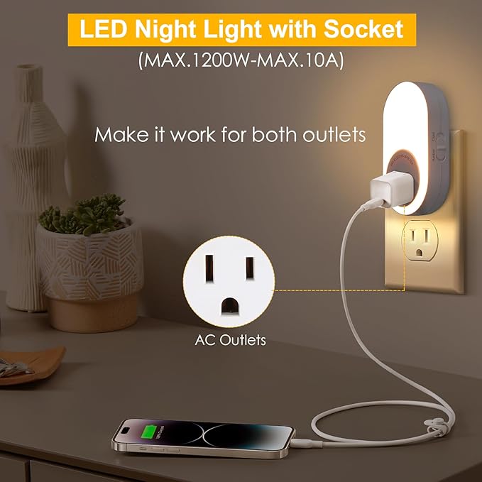 Dawnrise Night Lights Plug Into Wall, Dusk to Dawn Sensor Night Light with Power Outlet, CCT 2200K or 4000K, 5Lm or 20Lm Adjustable Brightness for Bedroom, Kitchen, Living Room, Office, 2PK