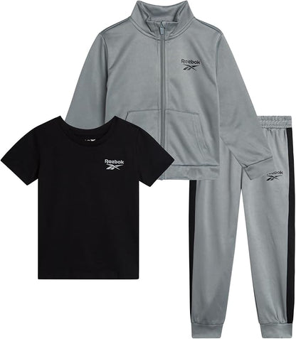 Reebok Baby Boy Pants Set - 3 Piece Tricot Fleece Jogger Pants Short Sleeve T Shirt & Track Jacket for Toddlers & Infants