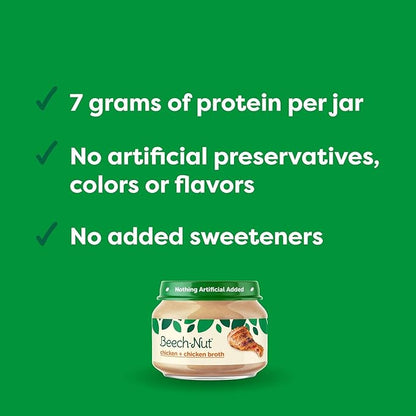 Beech-Nut Meat Baby Food Jars, Chicken & Chicken Broth Puree, 7g Protein, Stage 1 Baby Food for Babies 4 Months and Up, 2.5oz Glass Jars, 10ct