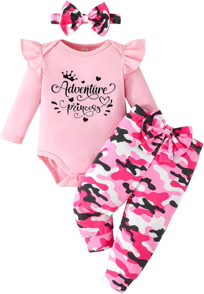 GDTOGRT Newborn Baby Girl Clothes Outfit Set Sweet Ruffle Romper, Pants and Headband 0 3 6 9 12 18 Months Infant Clothing