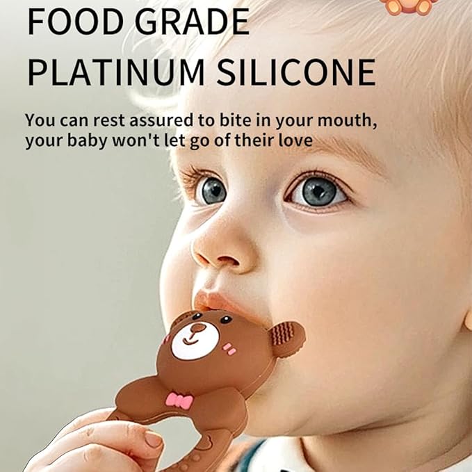 Baby Bear Teething Ring Rattle, Soft Silicone Teether Toy, Brown + Gray