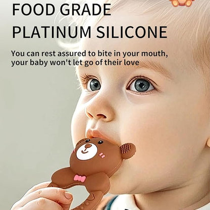 Baby Bear Teething Ring Rattle, Soft Silicone Teether Toy, Brown + Gray