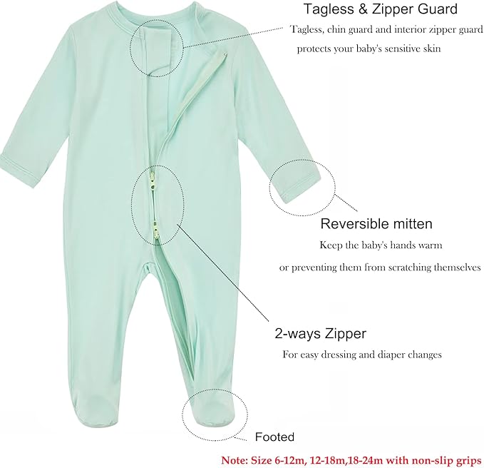 Aablexema Baby Zipper Pajamas Bamboo Rayon, 3pcs Unisex Infant Onesie with Mitten Long Sleeve Footed Pjs