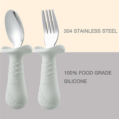 PandaEar Baby Toddler Fork and Spoon Utensil Set, 6 Pack Silicone Stainless Steel Silverware Spoon Fork for Babies Toddler, BPA Free with Silicone Holding Anti-Choke Design (Light Tan&Walnut&Grey)