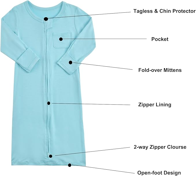 Aablexema Baby Nightgowns Rayon of Bamboo, 2Pcs Newborn Sleeper Gown with 2-way Zipper, Flip Mittens & Foot Cover