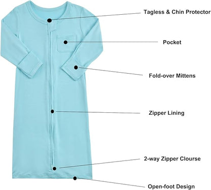 Aablexema Baby Nightgowns Rayon of Bamboo, 2Pcs Newborn Sleeper Gown with 2-way Zipper, Flip Mittens & Foot Cover