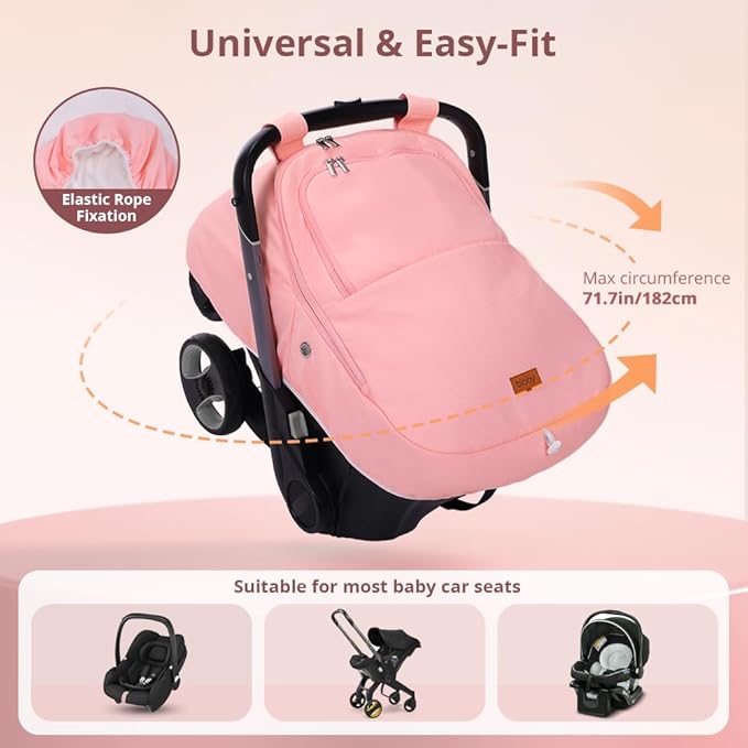 Bioby Winter Baby Car Seat Cover, Infant Car Seat Cover for Boy Girl, Roomy, Cozy, Warm, Waterproof Baby Carseat Covers Canopy with Thickened Fleece Lining, Breathable Hole, Universal Fitted Pink