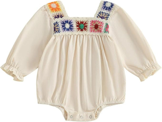 Baby Girl Romper Fall Clothes Ruffle Sleeveless Onesie Crochet Floral Bubble Romper Infant Bodysuit Boho Outfit