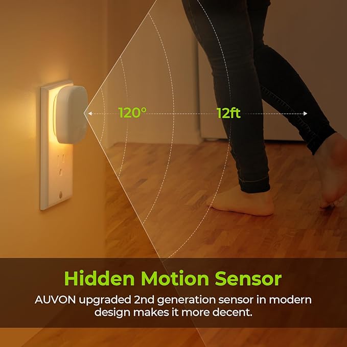 AUVON Plug-in LED Backlit Night Light with Motion Sensor & Dusk to Dawn Sensor, Dimmable Amber Nightlight with 1-50 lm Adjustable Brightness for Bedroom, Bathroom, Stairs, Hallway (4 Pack)