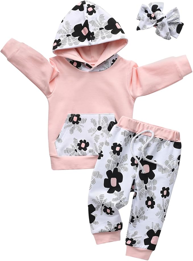 Eghunooy Baby Girl Clothes Long Sleeve Floral Hoodie Sweatshirt Pants with Pocket Headband Outfit Sets