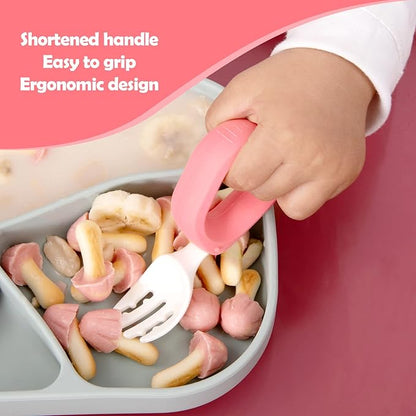 Training Spoon & Fork with Travel Case Pink | Toddler Self Feeding Utensil Set, BPA-Free Cute Circle Silicone ABS Spoons Set for Baby Led Weaning