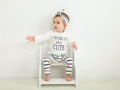 KuKitty 3Pcs Baby Girl Outfits Set Long Sleeve T-Shirt Tops Flowers Pants with Headband