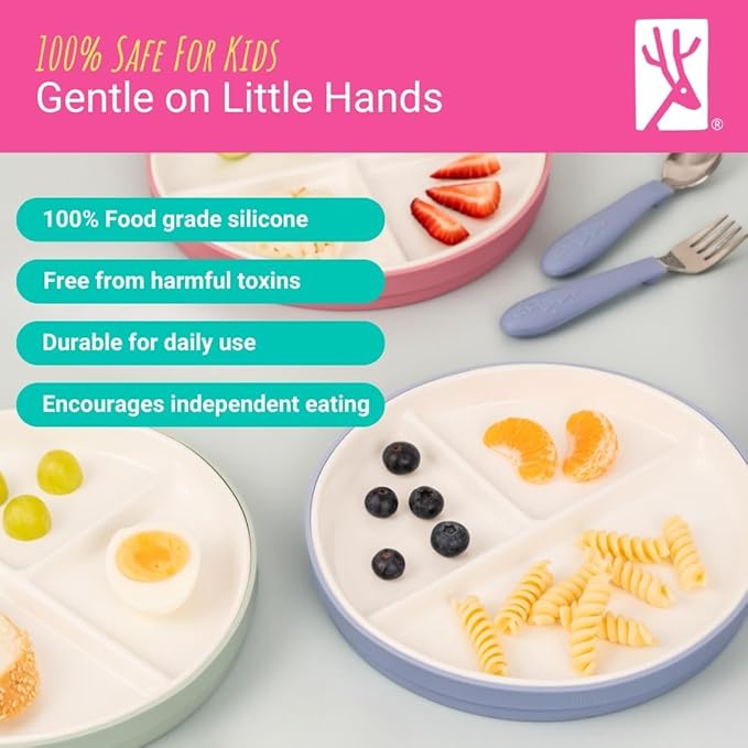Elk and Friends Kids 7.8” Porcelain White Plates with Silicone Sleeves | Divided Plates | Suitable for Kids/Toddlers | Microwave & Dishwasher Safe | Non Slip | Snack Dishes…