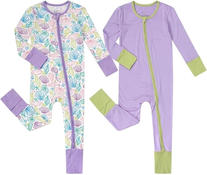 Teach Leanbh Unisex Baby 2 Pack Bamboo Viscose Pajamas with Mittens and Feet Cuffs 2 Way Zipper Long Sleeve Romper