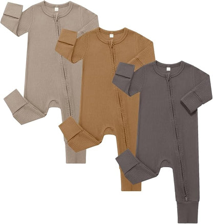 Bafeicao 3 Pack Baby Boy Girl Rompers with Mitten Cuffs, Ribbed Cotton 2 Way Zipper Romper One Piece Jumpsuits Clothes