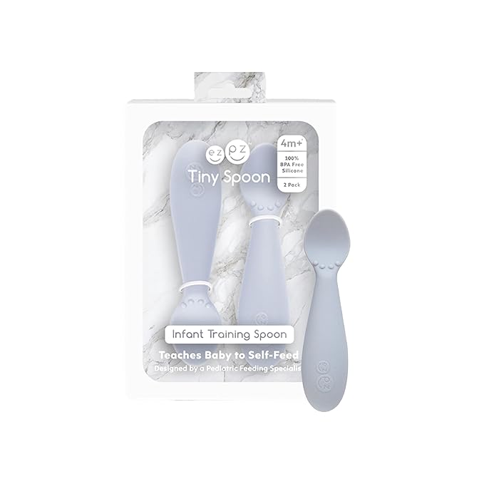 ezpz Tiny Spoon (2 Pack in Pewter) - 6 Months+ - 100% Silicone Spoon for Baby Led Weaning + Purees - Designed by a Pediatric Feeding Specialist - Shower Essentials & Gifts