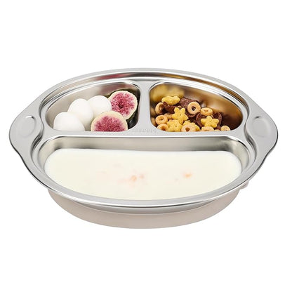 MR. CHOU Baby Plates with Suction - Stainless Steel Divided Toddler Plates, Compartment Suction Plate for High Chair, Baby Led Weaning & Self Feeding, Dishwasher Safe, BPA Free (Beige)