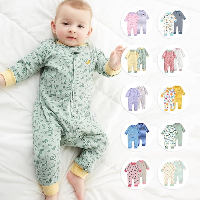 Teach Leanbh Baby 2-Pack 100% Cotton Romper Jumpsuits Two Way Zipper Long Sleeve Footless Sleep and Play
