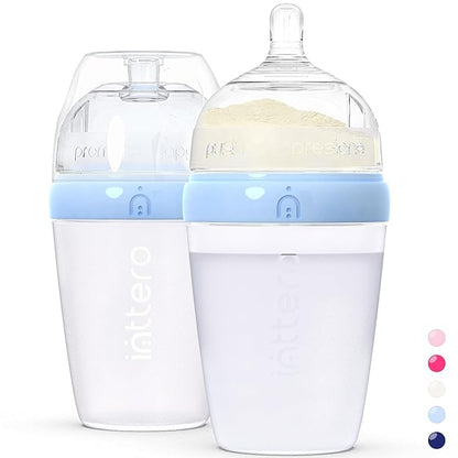 INTTERO Baby Bottles with Built-in Formula Dispenser, Anti-Colic Wide Neck Design for Newborn Feeding and Everyday Baby Essentials, 9 Oz Medium Flow (2 Pack), Cute Blue