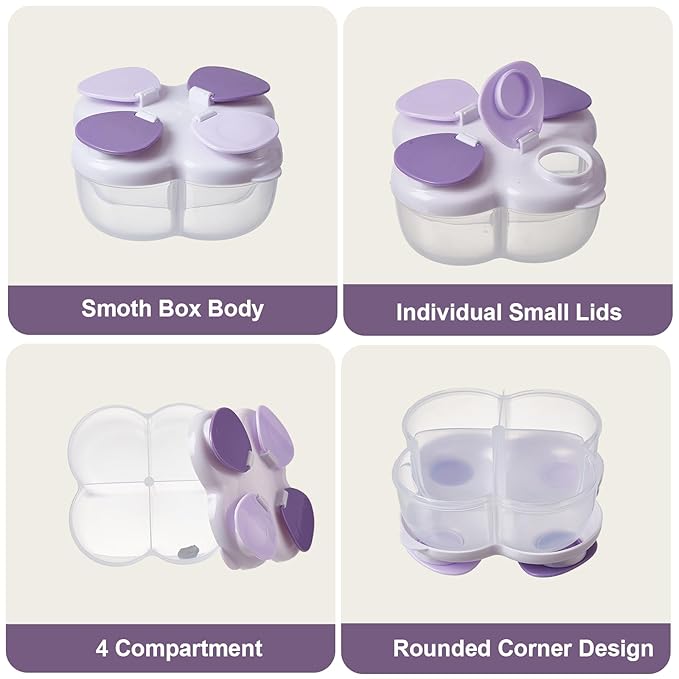 Formula Dispenser No-Spill with Four Compartment, Infant Milk Powder Dispenser Portable On The Go, Kids Snack Formula Containers for Travel Hold Outdoor, Violet