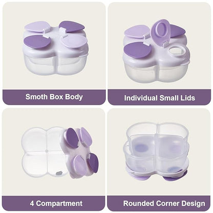 Formula Dispenser No-Spill with Four Compartment, Infant Milk Powder Dispenser Portable On The Go, Kids Snack Formula Containers for Travel Hold Outdoor, Violet