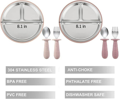 PandaEar 2 Pack Stainless Steel Baby Suction Plates & 2 Pack Spoons and Forks Set, Toddler Utensils Baby Feeding Set, Divided Plates for Baby Led Weaning Supplies, BPA-Free (Pink)